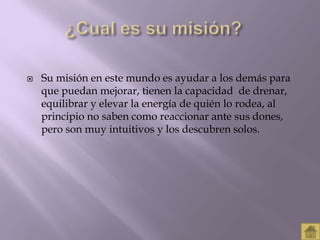  Su misión en este mundo es ayudar a los demás para 
que puedan mejorar, tienen la capacidad de drenar, 
equilibrar y elevar la energía de quién lo rodea, al 
principio no saben como reaccionar ante sus dones, 
pero son muy intuitivos y los descubren solos. 
 