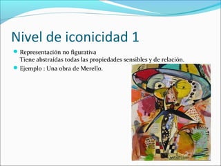 Nivel de iconicidad 1
 Representación no figurativa
  Tiene abstraídas todas las propiedades sensibles y de relación.
 Ejemplo : Una obra de Merello.
 