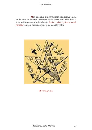 Los números
Más adelante proporcionaré una nueva Tabla
en la que se pueden procesar datos para con ellos ver la
favorable o desfavorable relación Social, Laboral, Sentimental,
Familiar… entre personas con números diferentes.
El Tetragrama
Santiago Martín Moreno 32
 