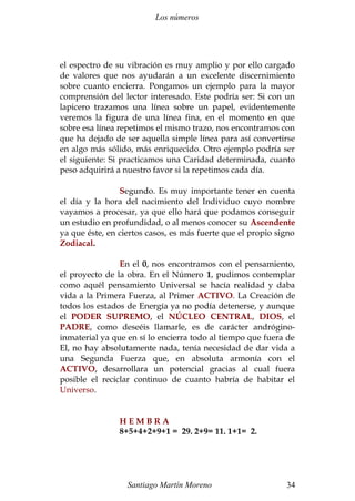 Los números
el espectro de su vibración es muy amplio y por ello cargado
de valores que nos ayudarán a un excelente discernimiento
sobre cuanto encierra. Pongamos un ejemplo para la mayor
comprensión del lector interesado. Este podría ser: Si con un
lapicero trazamos una línea sobre un papel, evidentemente
veremos la figura de una línea fina, en el momento en que
sobre esa línea repetimos el mismo trazo, nos encontramos con
que ha dejado de ser aquella simple línea para así convertirse
en algo más sólido, más enriquecido. Otro ejemplo podría ser
el siguiente: Si practicamos una Caridad determinada, cuanto
peso adquirirá a nuestro favor si la repetimos cada día.
Segundo. Es muy importante tener en cuenta
el día y la hora del nacimiento del Individuo cuyo nombre
vayamos a procesar, ya que ello hará que podamos conseguir
un estudio en profundidad, o al menos conocer su Ascendente
ya que éste, en ciertos casos, es más fuerte que el propio signo
Zodiacal.
En el 0, nos encontramos con el pensamiento,
el proyecto de la obra. En el Número 1, pudimos contemplar
como aquél pensamiento Universal se hacía realidad y daba
vida a la Primera Fuerza, al Primer ACTIVO. La Creación de
todos los estados de Energía ya no podía detenerse, y aunque
el PODER SUPREMO, el NÚCLEO CENTRAL, DIOS, el
PADRE, como deseéis llamarle, es de carácter andrógino-
inmaterial ya que en sí lo encierra todo al tiempo que fuera de
El, no hay absolutamente nada, tenía necesidad de dar vida a
una Segunda Fuerza que, en absoluta armonía con el
ACTIVO, desarrollara un potencial gracias al cual fuera
posible el reciclar continuo de cuanto habría de habitar el
Universo.
H E M B R A
8+5+4+2+9+1 = 29. 2+9= 11. 1+1= 2.
Santiago Martín Moreno 34
 