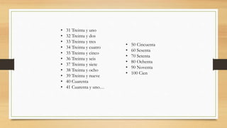 • 31 Treinta y uno
• 32 Treinta y dos
• 33 Treinta y tres
• 34 Treinta y cuatro
• 35 Treinta y cinco
• 36 Treinta y seis
• 37 Treinta y siete
• 38 Treinta y ocho
• 39 Treinta y nueve
• 40 Cuarenta
• 41 Cuarenta y uno…
• 50 Cincuenta
• 60 Sesenta
• 70 Setenta
• 80 Ochenta
• 90 Noventa
• 100 Cien
 