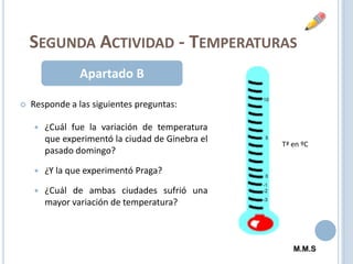 Segunda Actividad - TemperaturasApartado BResponde a las siguientes preguntas: ¿Cuál fue la variación de temperatura que experimentó la ciudad de Ginebra el pasado domingo? ¿Y la que experimentó Praga? ¿Cuál de ambas ciudades sufrió una mayor variación de temperatura? Tª en ºCM.M.S