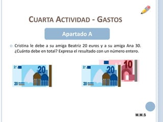 Cuarta Actividad - GastosApartado ACristina le debe a su amiga Beatriz 20 euros y a su amiga Ana 30. ¿Cuánto debe en total? Expresa el resultado con un número entero. M.M.S