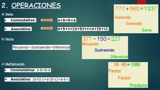 2. OPERACIONES
a) Suma.
b) Resta.
c) Multiplicación.
 