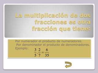 La multiplicación de dos
fracciones es otra
fracción que tiene:
1. Por numerador el producto de numeradores.
2. Por denominador el producto de denominadores.
3. Ejemplo:
35
6
7
2
.
5
3
 