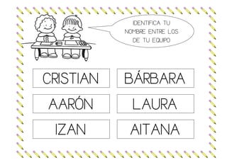 IDENTIFICA TU
NOMBRE ENTRE LOS
DE TU EQUIPO
CRISTIAN BÁRBARA
AARÓN LAURA
IZAN AITANA
