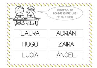 IDENTIFICA TU
NOMBRE ENTRE LOS
DE TU EQUIPO
LAURA ADRIÁN
HUGO ZAIRA
LUCÍA ÁNGEL