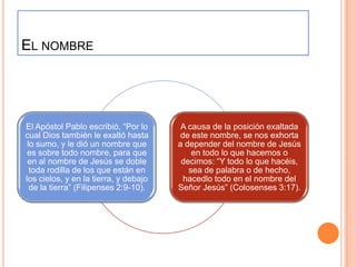 EL NOMBRE




El Apóstol Pablo escribió, “Por lo      A causa de la posición exaltada
cual Dios también le exaltó hasta       de este nombre, se nos exhorta
 lo sumo, y le dió un nombre que       a depender del nombre de Jesús
 es sobre todo nombre, para que            en todo lo que hacemos o
 en al nombre de Jesús se doble         decimos: “Y todo lo que hacéis,
  toda rodilla de los que están en        sea de palabra o de hecho,
los cielos, y en la tierra, y debajo     hacedlo todo en el nombre del
  de la tierra” (Filipenses 2:9-10).   Señor Jesús” (Colosenses 3:17).
 