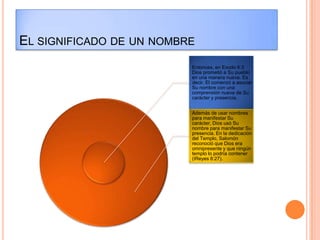 EL SIGNIFICADO DE UN NOMBRE
                          Entonces, en Exodo 6:3
                          Dios prometió a Su pueblo
                          en una manera nueva. Es
                          decir, El comenzó a asociar
                          Su nombre con una
                          comprensión nueva de Su
                          carácter y presencia.


                          Además de usar nombres
                          para manifestar Su
                          carácter, Dios usó Su
                          nombre para manifestar Su
                          presencia. En la dedicación
                          del Templo, Salomón
                          reconoció que Dios era
                          omnipresente y que ningún
                          templo lo podría contener
                          (IReyes 8:27).
 