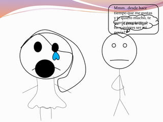 ¿Cómo le digo?
Mmm…desde hace
tiempo que me gustas
y te quiero mucho, te
quería preguntar si
tu…¿quieres ser mi
novia?
 