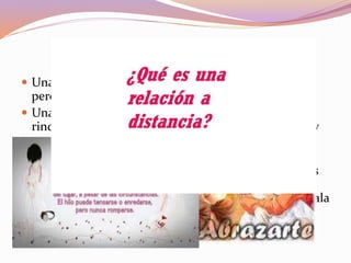 Una relación a distancia
 Una relación a distancia parece fácil de comprender
pero en realidad es muy difícil cuando la vives.
 Una relación así, en realidad en vez de que uno se
rinda debe luchar y tener esperanza en que se aman y
que ninguno le puede ser infiel al otro.
 Algunos dicen que el amor a distancia sirve para
recolectar abrazos y besos, eso es cierto, no te pongas
triste si tu relación es a distancia, mejor ponte feliz y
llen@ de esperanzas, y cuando veas a tu pareja abrázala
muy fuerte por que su relación sigue a pesar de la
distancia.
 