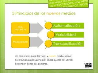 3.Principios de los nuevosmediosLas diferencias entre los viejos y nuevos medios vienen determinadas por 5 principios en los que los tres últimos dependen de los dos primeros.