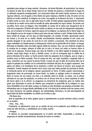 88
apretaban para ahogar un largo estertor, inhumano, de bestia flechada, de parturienta. Sus manos
se alzaron al cabo de un largo tiempo hacia el sol, teñidas de púrpura y sosteniendo la magia de
un delicado cuerpecito ensangrentado. Los minúsculos labios del recién nacido serraron en dos el
riguroso silencio, con el agudo y feroz llanto de quien empieza a dolerle la vida. Al cortar con los
dientes el cordón umbilical, la indígena vio a Ana. Las pupilas se le llenaron de furia. Y, abrazando
al bebé contra su seno, dio un ágil salto hacia la orilla. El bebé gritaba angustiosamente mientras
la silueta de su madre corría entre la muralla de cañas alanceadas de rayos solares. De pronto una
sacudida, feroz como un latigazo, hizo trastabillar el cuerpo de la nativa que desapareció de la
vista de la aragonesa. El llanto del recién nacido se detuvo en una nota de exasperante quejumbre.
Ana, con el corazón en la boca, siguió los pasos de la indígena. La espesura de la ribera rasgó con
cien delgados surcos de sangre su blanca piel antes de que volviese a verla. Estaba tirada sobre el
barro orlado de musgo, con los ojos en letal languidez; sin sentido. El bebé, aprisionado entres
los brazos y el seno de su madre, lloraba convulsamente mientras pateaba el aire como una
garceta atrapada en las ramas de coral de un mar sombrío y escarzado. Una serpiente de dorso
negro resbalaba con helada pereza su blanquecino vientre por la pantorrilla de la madre; su lengua
bifurcada se limpiaba veloz una baba espesa teñida de carmesí. Ana, con una violencia surgida de
la zozobra de su sangre, atenazó al ofidio por la cola y lo lanzó con todas su fuerzas sobre el
rumor de la espesura. Arrancó luego una rama de helecho y con febril rapidez la despojó de sus
frondes, hasta dejar limpio el duro y flexible nervio. Lo ató en torniquete bajo la rodilla de la
pierna infectada de la nativa. La fuerte presión batió los párpados de la indígena, que se crispó y
revolvió como un felino acosado. Pero el cuerpo de Ana, con vigor inusitado y cargando todo su
peso, inmovilizó con sus manos la pierna herida. A pesar de que el talón de la pierna libre de la
madre le pateaba las costillas con la contundencia insistente del pico de un pájaro carpintero, Ana
aplicó sus labios a la mordedura de la serpiente y sorbió con fuerza el veneno, que escupía de
inmediato. Cuando después de hacerlo cinco veces creyó que había vaciado de ponzoña la herida,
la furibunda pierna de la indígena reposó suavemente en tierra. El bebé suspiró entrecortada y
largamente antes de prorrumpir en nuevo llanto. La madre se replegó contra el cañaveral. Ana
llenó el cuenco de sus manos con limo y lo extendió sobre la herida. La nativa, con la altivez
afirmada en sus ojos de azabache, se arrancó con un brusco tirón de su mano izquierda el collar
del áureo kiplo y se lo ofreció. La aragonesa se estremeció de vergüenza; pero no realizó otro
gesto que desanudar el nervio de helecho que comprimía la pantorrilla de la indígena en cuya
mano destellaba el oro del kiplo, aunque su mirada ya sólo denotaba una perpleja curiosidad. Ana,
afirmándose que ni el agua donde cabrilleaba el sol, ni la brisa de la mañana eran tan suaves como
las leves facciones, los gráciles pliegues, las extremidades diminutas y la piel aterciopelada de
aquel bebé de llanto inacabable, se señaló con el índice y dijo:
─Me llamo Ana.
Ante la impavidez de la india, golpeó suave y repetidamente su pecho mientras volvía a insistir
en su nombre.
─Ana... Ana... Ana.
Finalmente, la adolescente creyó ver un anhelo de paz en la exaltación que brillaba en aquel
rostro de color de luna, y, señalándose con el kiplo, musitó:
─Anagua.
El silencio se encendió inesperadamente en el pecho del bebé. Sorprendida y confusa, la
aragonesa se señaló insistentemente, diciendo de nuevo su nombre:
 
