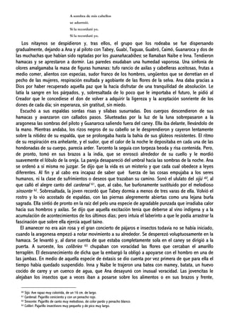 A sombra de mis cabellos
se adurmió.
Si la recordaré yo.
Si la recordaré yo.
Los nitaynos se despidieron y, tras ellos, el grupo que los rodeaba se fue dispersando
gradualmente, dejando a Ana y al piloto con Tabey, Guabí, Taguax, Guabró, Caimó, Guanaroca y dos de
las muchachas que habían sido raptadas por los guanahacabibes; se llamaban Naibe e Inna. Tendieron
hamacas y se aprestaron a dormir. Las paredes exudaban una humedad vaporosa. Una sinfonía de
olores amalgamaba la masa de figuras humanas: tufo rancio de axilas y cabelleras aceitosas, frutas a
medio comer, alientos con especias, sudor franco de los hombres, ungüentos que se derretían en el
pecho de las mujeres, respiración exultada y agobiante de las flores de la selva. Ana daba gracias a
Dios por haber recuperado aquella paz que la hacía disfrutar de una tranquilidad de absolución. Le
latía la sangre en los párpados, y, sobresaltada de lo poco que le importaba el futuro, le pidió al
Creador que le concediese el don de volver a adquirir la ligereza y la aceptación sonriente de los
dones de cada día; sin esperanza, sin gratitud, sin miedo.
Escuchó a sus espaldas sordas risas y sílabas susurradas. Dos cuerpos descendieron de sus
hamacas y avanzaron con callados pasos. Silueteadas por la luz de la luna sobrepasaron a la
aragonesa las sombras del piloto y Guanaroca saliendo fuera del caney. Ella iba delante, llevándolo de
la mano. Mientras andaba, los rizos negros de su cabello se le desprendieron y cayeron lentamente
sobre la nitidez de su espalda, que se prolongaba hasta la bahía de sus glúteos resistentes. El ritmo
de su respiración era anhelante, y el sudor, que el calor de la noche le depositaba en cada una de las
hondonadas de su cuerpo, parecía arder. Tarcento la seguía con torpeza beoda y risa contenida. Pero,
de pronto, tomó en sus brazos a la india, que se enroscó alrededor de su cuello y le mordió
suavemente el lóbulo de la oreja. La pareja desapareció del umbral hacia las sombras de la noche. Ana
se ordenó a sí misma no juzgar. Se dijo que la vida es un misterio y que cada cual obedece a leyes
diferentes. Al fin y al cabo era incapaz de saber qué fuerza de las cosas empujaba a los seres
humanos, ni la clase de sufrimientos o deseos que trazaban su camino. Sonó el ululato del sijú 60, al
que calló el alegre canto del cardenal 61, que, al cabo, fue burlonamente sustituido por el melodioso
sinsonte 62. Sobresaltada, la joven recordó que Tabey dormía a menos de tres varas de ella. Volvió el
rostro y lo vio acostado de espaldas, con las piernas alegremente abiertas como una lejana burla
sagrada. Ella sintió de pronto en la raíz del pelo una especie de agradable punzada que irradiaba calor
hacia sus hombros y axilas. Se dijo que aquella excitación tenía que deberse al vino indígena y a la
acumulación de acontecimientos de los últimos días; pero intuía el laberinto a que le podía arrastrar la
fascinación que sobre ella ejercía aquel taíno.
El amanecer no era aún rosa y el gran concierto de pájaros e insectos todavía no se había iniciado,
cuando la aragonesa empezó a notar movimiento a su alrededor. Se desperezó voluptuosamente en la
hamaca. Se levantó y, al darse cuenta de que estaba completamente sola en el caney se dirigió a la
puerta. A suroeste, los colibríes 63 chupaban con voracidad las flores que cercaban el amarillo
terraplén. El desvanecimiento de dicha que la embargó la obligó a apoyarse con el hombro en una de
las jambas. En medio de aquella especie de éxtasis se dio cuenta por vez primera de que para ella el
tiempo había quedado suspendido. Inna y Naibe le trajeron una batea con mamey, batata, un huevo
cocido de carey y un cuenco de agua, que Ana desayunó con inusual voracidad. Las jovencitas le
alejaban los insectos que a veces iban a posarse sobre los alimentos o en sus brazos y frente,
60 Sijú: Ave rapaz muy coloirida, de un 16 cm. de largo.
61 Cardenal: Pajarillo ceniciento y con un penacho rojo.
62 Sinsonte: Pajarillo de canto muy melodioso, de color pardo y penacho blanco.
63 Colibrí: Pajarillo insectívoro muy pequeño y de pico muy largo.
 