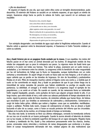 ─¡No me abandones!
Ni siquiera el ímpetu de una ola, que cayó sobre ellos como un terraplén desmoronándose, pudo
desunirlos. El esternón del friulano se sacudió en un violento espasmo, al que siguió un vómito de
sangre. Guanaroca atrajo hacia su pecho la cabeza de Codro, que susurró en un arahuaco casi
inaudible:
Guanaroca mía, corazón alegre:
mira cómo llora toda la naturaleza
y el iracundo mar se alza y nos circunda.
¿Qué sepulcro existe más parecido a la cuna?
Aleja la turbación de tu pensamiento, ojos de garza.
No desesperes, no temas, no recuerdes,
no sufras, amor mío. La muerte es justa
dispensadora de gloria para las almas generosas.
Con estrépito desgarrador, una tonelada de agua cayó sobre la fragilísima embarcación. Cuando el
falucho volvió a aparecer entre la descomunal espuma, ni Guanaroca ni Codro Tarcento estaban ya
sobre su cubierta.
Ana y Guabí hicieron pie en un pegajoso fondo azotado por la resaca. A sus espaldas, los restos del
falucho yacían en el mar como un animal devorado por los buitres. El desgarrado vestido de Ana
estaba tan empapado que su peso le entorpecía sus pasos. La vigorosa mano de Guabí tenía que
arrastrar a la joven con todas sus fuerzas. Tras salvar la playa, avanzaron por un suelo rocoso y
resbaladizo, y se internaron entre los árboles. La aragonesa sintió la bendición de estar resguardada
por las mil techumbres de follaje que la lluvia no traspasaba, aunque tamborileara con un ruido
contumaz y ensordecedor. En aquel refugio el suelo se hacía cada vez más fangoso, y de él subía un
vapor caliente que se perdía en las bóvedas de hojarasca. Un olor de fecundidad y podredumbre
flotaba en el aire. Miles de mosquitos muertos cubrían el légamo como una costra y, a medida que el
suelo se fue convirtiendo en marjal, Ana y Guabí se percataron de que lo que creían fango era la
inmovilidad de varias manadas de pecaríes que habían establecido su pocilga en aquella zona
pantanosa. La debilidad, el cenagal y el miedo hicieron a la aragonesa seguir el ejemplo de los
paquidermos, y se sentó en el lodo. De cuando en cuando, de las ramazones llovía un intolerable
hollín vegetal impalpable, pesado, como puñados de barro que alguien arrojase desde lo alto. A un
largo trueno, que entró desde el mar y voló sobre sus cabezas preludiando el tiempo abundante de la
noche, siguió la perenne caída de frutos muertos, de simientes velludas que hacían llorar, de hebras
que encendían la piel. Las tinieblas se estremecían de sobresaltos y deslizamientos. Comenzaron a
surgir de todos lados gritos, silbidos que subían y bajaban, cosas que se zambullían, martilleaban,
crujían o aullaban. Perdida toda razón, incapaz de sobreponerse al miedo, Ana se abrazó a Guabí
buscando el calor de su cuerpo, como si fuese un escudo protector del infierno que los circundaba.
Estaban en la noche de las noches, en el tiempo donde el tiempo se terminaba.
Dos días más tarde, la tormenta se llevó sus últimos relámpagos, cerrando la tremebunda sinfonía
de sus iras con el acorde de un trueno prolongado. Cuando la aurora ahondó el laberinto de árboles
con su luz rosada, se llenó la ondulante superficie del bosque de un vapor atosigante. Mojados hasta
el tuétano y temblando de frío, Guabí y Ana anduvieron penosamente entre los charcos, breñas,
zarzas, arrancadas raíces retorcidas y montones de ramas desguazadas que conducían a la playa.
Sobre el cuerpo tranquilamente derramado del mar, volaban pájaros de alas multicolores que
 