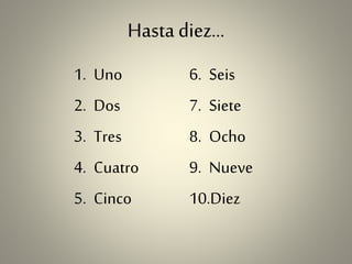 Hasta diez…
1. Uno
2. Dos
3. Tres
4. Cuatro
5. Cinco
6. Seis
7. Siete
8. Ocho
9. Nueve
10.Diez