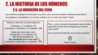 2. LA HISTORIA DE LOS NÚMEROS
2.5. LA INVENCIÓN DEL CERO
Los números arábigos funcionaban muy bien, pero pronto se dieron cuenta de que tenían
un problema: necesitaban un número extraño con un valor que fuera “nada”.
Vamos a verlo con un breve ejercicio
5 decenas y 2 unidades= 52
3 centenas, 4 decenas y 8 unidades= 348
Hasta aquí todo bien, pero:
2 centenas y 4 unidades= 2?4
Por eso se inventó el 0,
que representa que no hay nada.
2 centenas, 0 decenas y 4 unidades= 204
Pero, ¿cómo se podía representar este número
siguiendo la idea de los ángulos que hemos
visto antes?
Con una forma redonda: así no tiene ángulos.
0Ningún ángulo
 