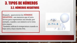 3. TIPOS DE NÚMEROS
3.2. NÚMEROS NEGATIVOS
Después, aparecieron los NÚMEROS
NEGATIVOS: son menores que el cero.
Sirven para representar una deuda; por
ejemplo, cuando a un número se le resta
otro mayor.
También indican la temperatura cuando es
bajo cero y hace mucho frío.
2 - 7 = - 5
 