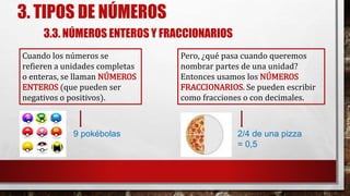 3. TIPOS DE NÚMEROS
3.3. NÚMEROS ENTEROS Y FRACCIONARIOS
Cuando los números se
refieren a unidades completas
o enteras, se llaman NÚMEROS
ENTEROS (que pueden ser
negativos o positivos).
Pero, ¿qué pasa cuando queremos
nombrar partes de una unidad?
Entonces usamos los NÚMEROS
FRACCIONARIOS. Se pueden escribir
como fracciones o con decimales.
9 pokébolas 2/4 de una pizza
= 0,5
 