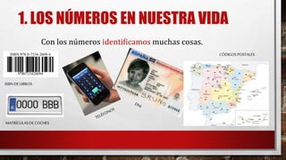 1. LOS NÚMEROS EN NUESTRA VIDA
Con los números identificamos muchas cosas.
MATRÍCULASDE COCHES
ISBNDELIBROS
CÓDIGOSPOSTALES
 
