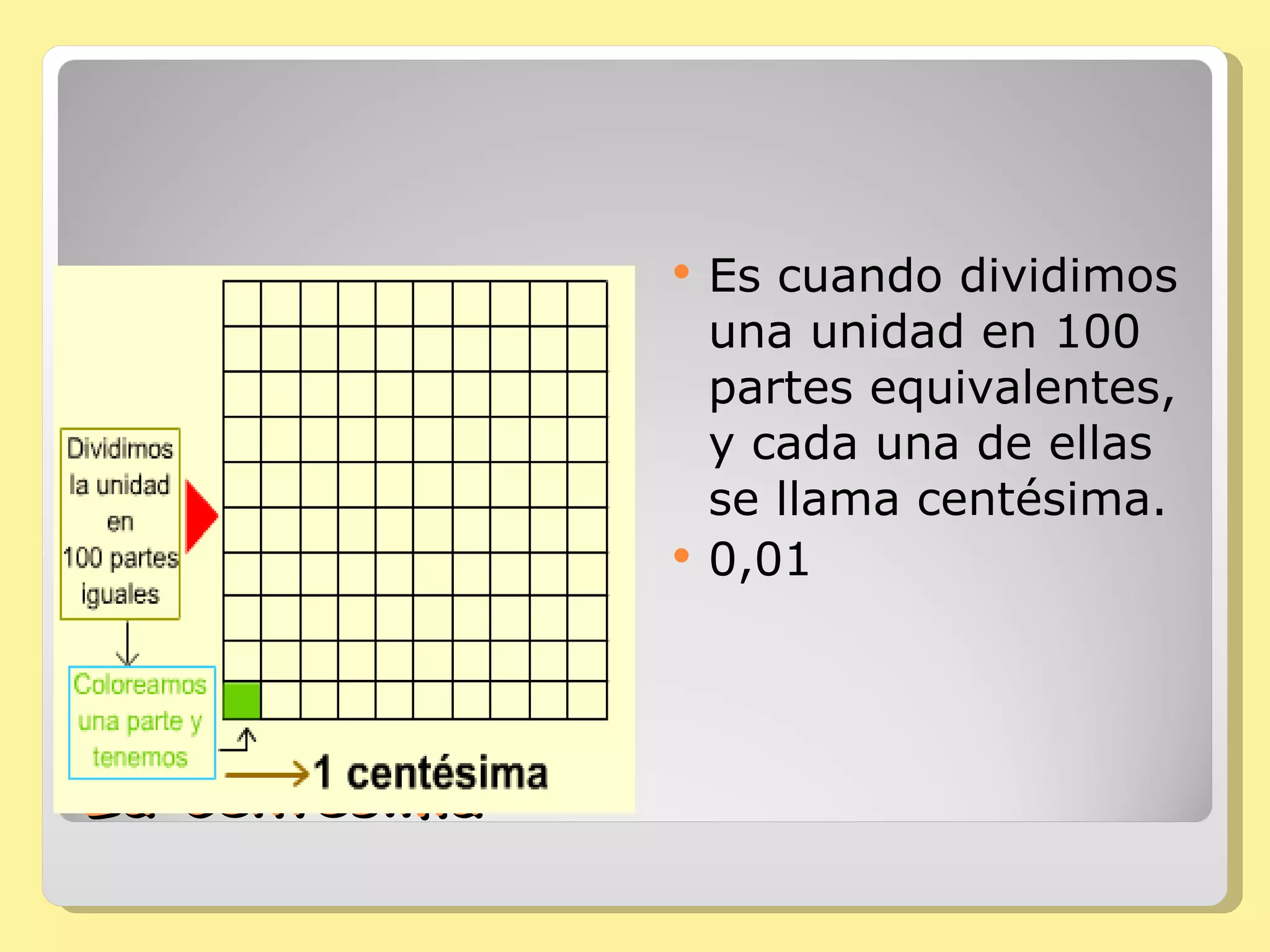 La centésima Es cuando dividimos una unidad en 100 partes equivalentes, y cada una de ellas se llama centésima. 0,01 