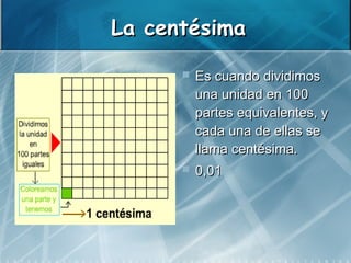 La centésima

         Es cuando dividimos
          una unidad en 100
          partes equivalentes, y
          cada una de ellas se
          llama centésima.
         0,01
 