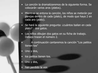 • La canción la dramatizaremos de la siguiente forma. Se
  colocarán varios aros (platos).
• Mientras se entona la canción, los niños se meterán por
  parejas dentro de cada (plato), de modo que haya 2 en
  cada aro (plato).
• Se hará la siguiente pregunta: ¿cuántos bailan en cada
  plato? : dos gatos.

• Los niños dibujan dos gatos en su ficha de trabajo.
  Debajo trazan el número 2.
•        A continuación cantaremos la canción “Los patitos
    tienen tos”
• Uno y dos,

• los patitos tienen tos.
• Uno y dos,
• han perdido la voz.
 