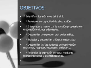 OBJETIVOS
•   * Identificar los números del 1 al 5.
•     * Promover su capacidad de abstracción.
•     * Interpretar y memorizar la canción propuesta con
    entonación y ritmos adecuados.

•     * Desarrollar la expresión oral de los niños.
•     * Trabajar y desarrollar la lógica matemática.
•     * Desarrollar las capacidades de observación,
    relacionar, respetar, reconocer, ordenar,....
•     * Potenciar la expresión corporal mediante
    representaciones y dramatizaciones.
•
 