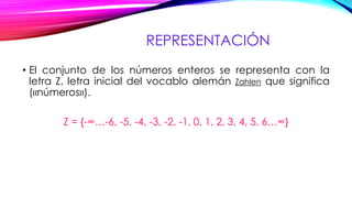 REPRESENTACIÓN
• El conjunto de los números enteros se representa con la
letra Ζ, letra inicial del vocablo alemán Zahlen que significa
(«números»).
Ζ = {-∞…-6, -5, -4, -3, -2, -1, 0, 1, 2, 3, 4, 5, 6…∞}
 