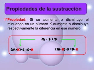 Propiedades de la sustracción
1°Propiedad: Si se aumenta o disminuye el
  minuendo en un número K aumenta o disminuye
  respectivamente la diferencia en ese número


                   m–s=D

   (m+K)-s =D+K            (m-K)-s =D-K
 