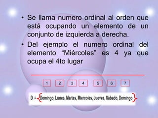 • Se llama numero ordinal al orden que
  está ocupando un elemento de un
  conjunto de izquierda a derecha.
• Del ejemplo el numero ordinal del
  elemento “Miércoles” es 4 ya que
  ocupa el 4to lugar


       1   2   3   4   5   6   7
 