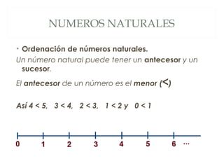 NUMEROS NATURALES 
• Ordenación de números naturales. 
Un número natural puede tener un antecesor y un 
sucesor. 
El antecesor de un número es el menor (<) 
Así 4 < 5, 3 < 4, 2 < 3, 1 < 2 y 0 < 1 
 