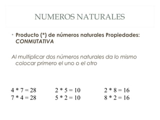 NUMEROS NATURALES 
• Producto (*) de números naturales Propiedades: 
CONMUTATIVA 
Al multiplicar dos números naturales da lo mismo 
colocar primero el uno o el otro 
4 * 7 = 28 
7 * 4 = 28 
2 * 5 = 10 
5 * 2 = 10 
2 * 8 = 16 
8 * 2 = 16 
 