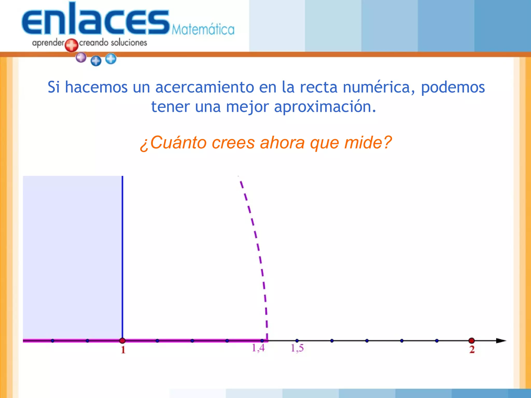 Si hacemos un acercamiento en la recta numérica, podemos
tener una mejor aproximación.
¿Cuánto crees ahora que mide?
 