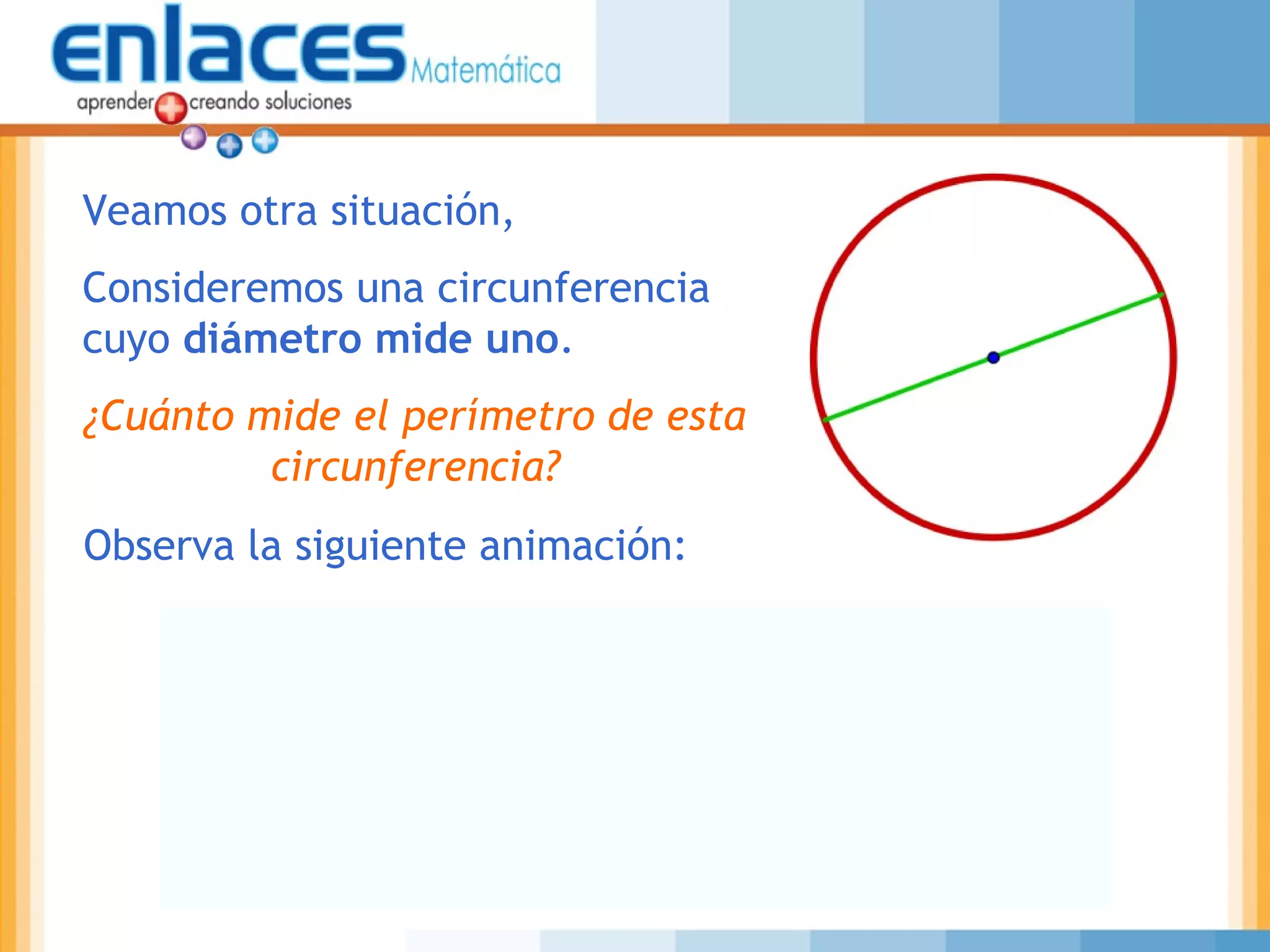 Veamos otra situación,
Consideremos una circunferencia
cuyo diámetro mide uno.
¿Cuánto mide el perímetro de esta
circunferencia?
Observa la siguiente animación:
 