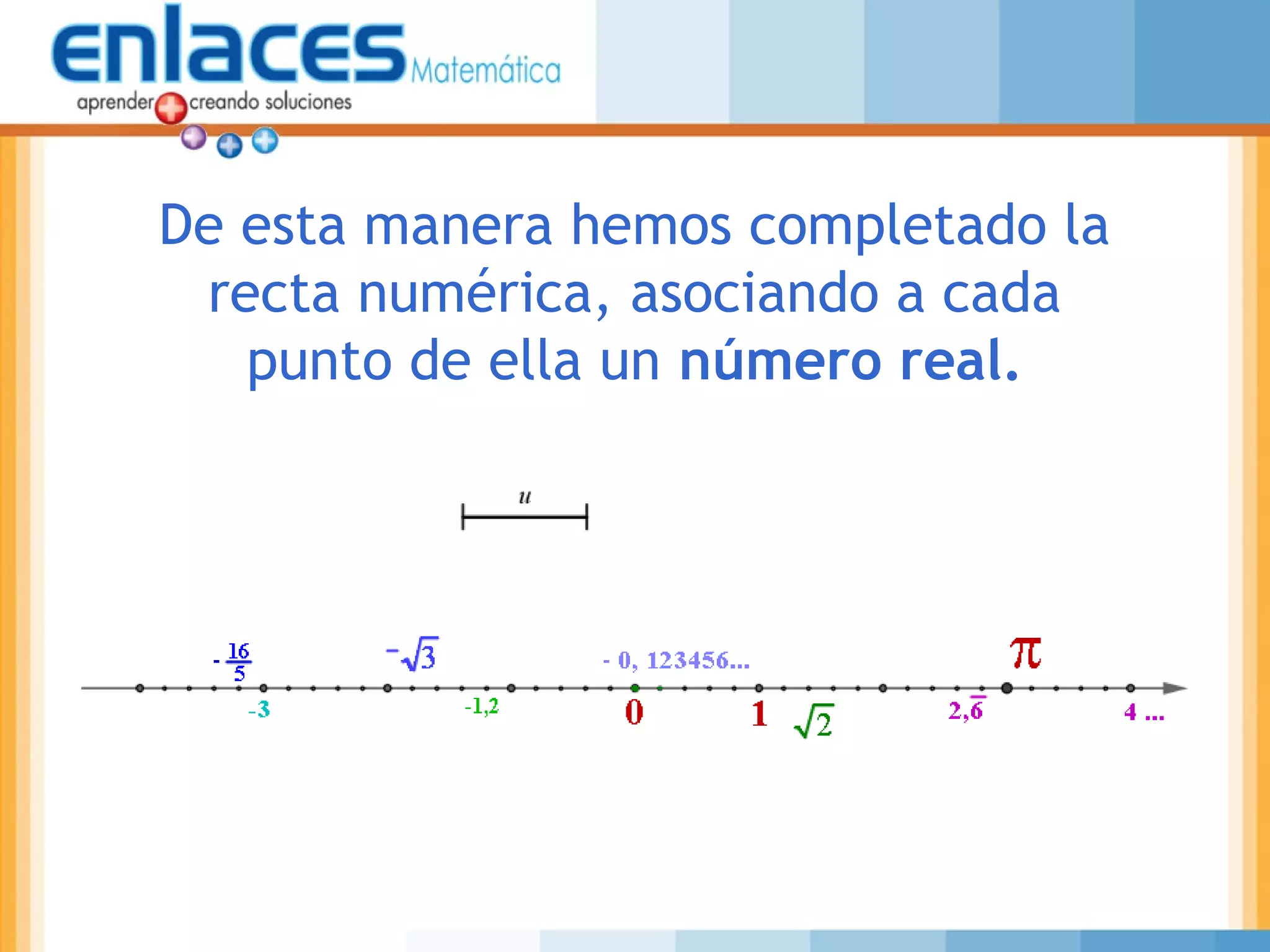 De esta manera hemos completado la
recta numérica, asociando a cada
punto de ella un número real.
 
