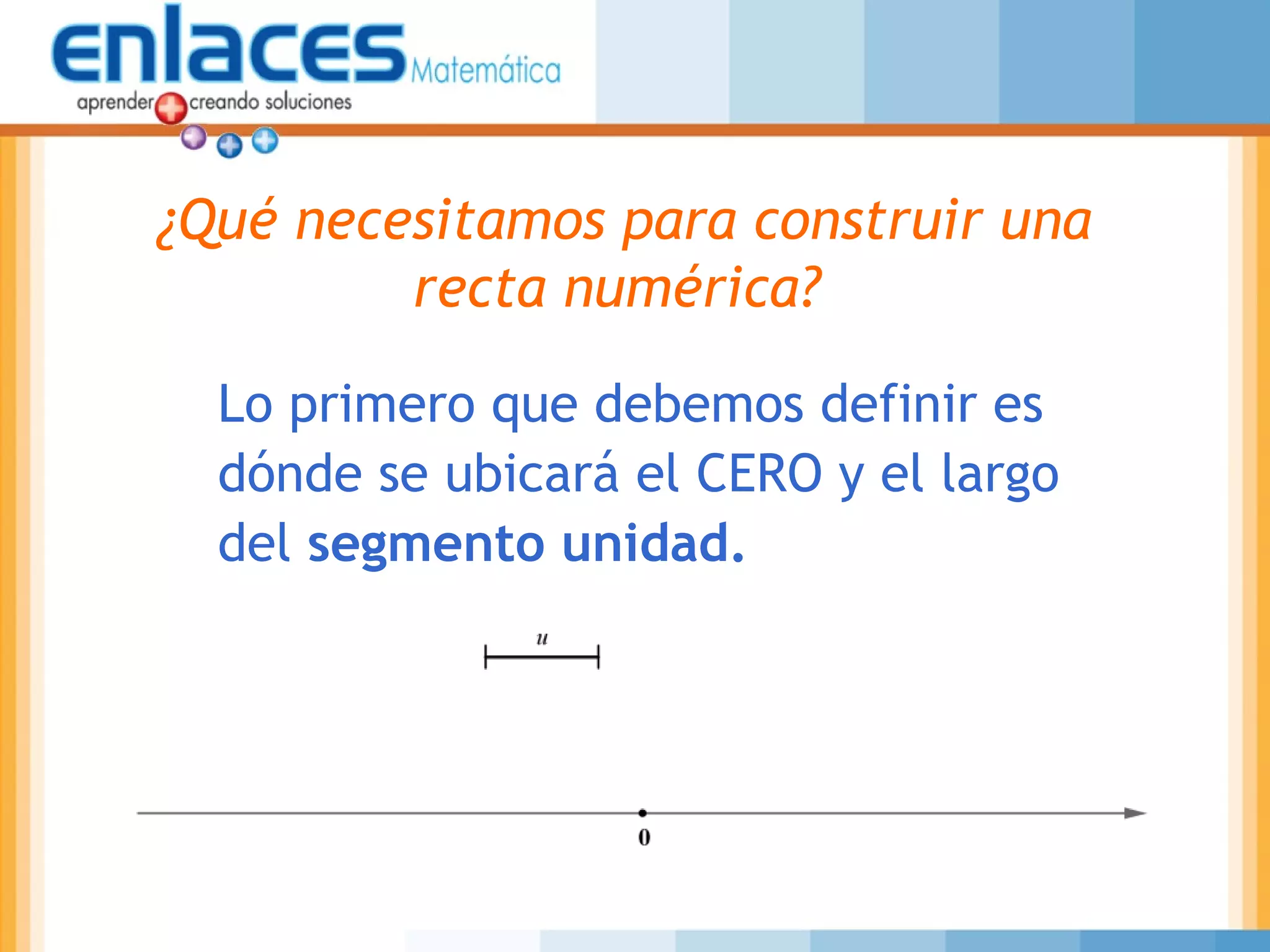 Lo primero que debemos definir es
dónde se ubicará el CERO y el largo
del segmento unidad.
¿Qué necesitamos para construir una
recta numérica?
 