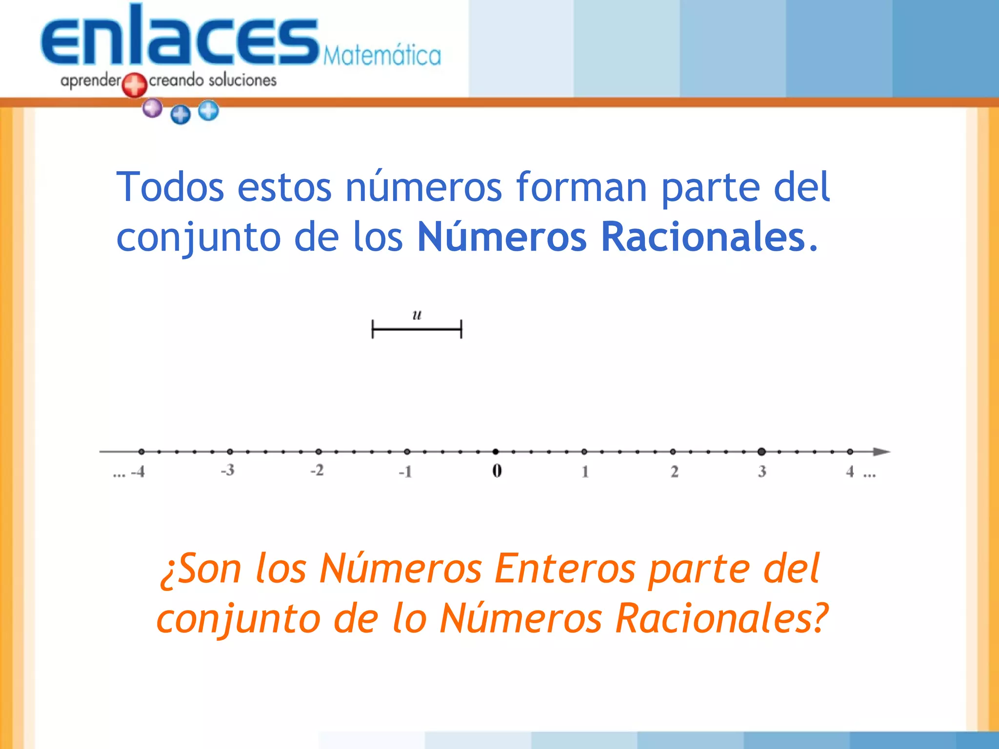 Todos estos números forman parte del
conjunto de los Números Racionales.
¿Son los Números Enteros parte del
conjunto de lo Números Racionales?
 