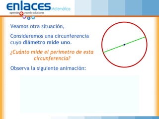 Veamos otra situación,
Consideremos una circunferencia
cuyo diámetro mide uno.
¿Cuánto mide el perímetro de esta
circunferencia?
Observa la siguiente animación:
 