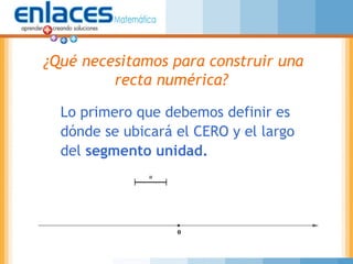 Lo primero que debemos definir es
dónde se ubicará el CERO y el largo
del segmento unidad.
¿Qué necesitamos para construir una
recta numérica?
 
