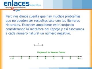 Pero nos dimos cuenta que hay muchos problemas
que no pueden ser resueltos sólo con los Números
Naturales. Entonces ampliamos este conjunto
considerando la metáfora del Espejo y así asociamos
a cada número natural un número negativo.
 