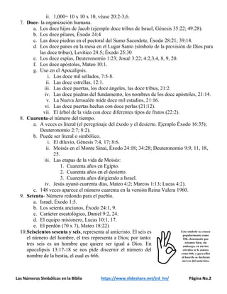 Los Números Simbólicos en la Biblia https://www.slideshare.net/jrd_hn/ Página No.2
ii. 1,000= 10 x 10 x 10, véase 20:2-3,6.
7. Doce- la organización humana.
a. Los doce hijos de Jacob (ejemplo doce tribus de Israel, Génesis 35:22; 49:28).
b. Los doce pilares, Éxodo 24:4
c. Las doce piedras en el pectoral del Sumo Sacerdote, Éxodo 28:21; 39:14.
d. Los doce panes en la mesa en el Lugar Santo (símbolo de la provisión de Dios para
las doce tribus), Levítico 24:5; Éxodo 25:30
e. Los doce espías, Deuteronomio 1:23; Josué 3:22; 4:2,3,4, 8, 9, 20.
f. Los doce apóstoles, Mateo 10:1.
g. Uso en el Apocalipsis.
i. Los doce mil sellados, 7:5-8.
ii. Las doce estrellas, 12:1.
iii. Las doce puertas, los doce ángeles, las doce tribus, 21:2.
iv. Las doce piedras del fundamento, los nombres de los doce apóstoles, 21:14.
v. La Nueva Jerusalén mide doce mil estadios, 21:16.
vi. Las doce puertas hechas con doce perlas (21:12).
vii. El árbol de la vida con doce diferentes tipos de frutos (22:2).
8. Cuarenta-el número del tiempo.
a. A veces es literal (el peregrinaje del éxodo y el desierto. Ejemplo Éxodo 16:35);
Deuteronomio 2:7; 8:2).
b. Puede ser literal o simbólico.
i. El diluvio, Génesis 7:4, 17; 8:6.
ii. Moisés en el Monte Sinaí, Éxodo 24:18; 34:28; Deuteronomio 9:9, 11, 18,
25.
iii. Las etapas de la vida de Moisés:
1. Cuarenta años en Egipto.
2. Cuarenta años en el desierto.
3. Cuarenta años dirigiendo a Israel.
iv. Jesús ayunó cuarenta días, Mateo 4:2; Marcos 1:13; Lucas 4:2).
c. 148 veces aparece el número cuarenta en la versión Reina Valera 1960.
9. Setenta- Número redondo para el pueblo.
a. Israel, Éxodo 1:5.
b. Los setenta ancianos, Éxodo 24:1, 9.
c. Carácter escatológico, Daniel 9:2, 24.
d. El equipo misionero, Lucas 10:1, 17.
e. El perdón (70 x 7), Mateo 18:22)
10.Seiscientos sesenta y seis, representa al anticristo. El seis es
el número del hombre, el tres representa a Dios; por tanto:
tres seis es un hombre que quiere ser igual a Dios. En
apocalipsis 13:17-18 se nos pide discernir el número del
nombre de la bestia, el cual es 666.
 