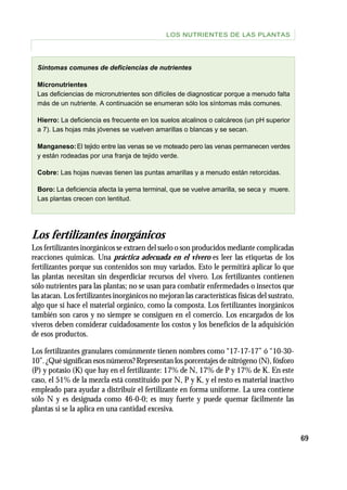 69
LOS NUTRIENTES DE LAS PLANTAS
Los fertilizantes inorgánicos
Los fertilizantes inorgánicos se extraen del suelo o son producidos mediante complicadas
reacciones químicas. Una práctica adecuada en el vivero es leer las etiquetas de los
fertilizantes porque sus contenidos son muy variados. Esto le permitirá aplicar lo que
las plantas necesitan sin desperdiciar recursos del vivero. Los fertilizantes contienen
sólo nutrientes para las plantas; no se usan para combatir enfermedades o insectos que
las atacan. Los fertilizantes inorgánicos no mejoran las características físicas del sustrato,
algo que sí hace el material orgánico, como la composta. Los fertilizantes inorgánicos
también son caros y no siempre se consiguen en el comercio. Los encargados de los
viveros deben considerar cuidadosamente los costos y los beneficios de la adquisición
de esos productos.
Los fertilizantes granulares comúnmente tienen nombres como “17-17-17” ó “10-30-
10”. ¿Qué significan esos números? Representan los porcentajes de nitrógeno (N), fósforo
(P) y potasio (K) que hay en el fertilizante: 17% de N, 17% de P y 17% de K. En este
caso, el 51% de la mezcla está constituido por N, P y K, y el resto es material inactivo
empleado para ayudar a distribuir el fertilizante en forma uniforme. La urea contiene
sólo N y es designada como 46-0-0; es muy fuerte y puede quemar fácilmente las
plantas si se la aplica en una cantidad excesiva.
Síntomas comunes de deficiencias de nutrientes
Micronutrientes
Las deficiencias de micronutrientes son difíciles de diagnosticar porque a menudo falta
más de un nutriente. A continuación se enumeran sólo los síntomas más comunes.
Hierro: La deficiencia es frecuente en los suelos alcalinos o calcáreos (un pH superior
a 7). Las hojas más jóvenes se vuelven amarillas o blancas y se secan.
Manganeso:El tejido entre las venas se ve moteado pero las venas permanecen verdes
y están rodeadas por una franja de tejido verde.
Cobre: Las hojas nuevas tienen las puntas amarillas y a menudo están retorcidas.
Boro: La deficiencia afecta la yema terminal, que se vuelve amarilla, se seca y muere.
Las plantas crecen con lentitud.
 