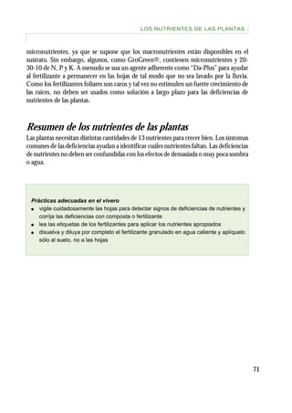 71
micronutrientes, ya que se supone que los macronutrientes están disponibles en el
sustrato. Sin embargo, algunos, como GroGreen®, contienen micronutrientes y 20-
30-10 de N, P y K. A menudo se usa un agente adherente como “Da-Plus” para ayudar
al fertilizante a permanecer en las hojas de tal modo que no sea lavado por la lluvia.
Como los fertilizantes foliares son caros y tal vez no estimulen un fuerte crecimiento de
las raíces, no deben ser usados como solución a largo plazo para las deficiencias de
nutrientes de las plantas.
Resumen de los nutrientes de las plantas
Las plantas necesitan distintas cantidades de 13 nutrientes para crecer bien. Los síntomas
comunes de las deficiencias ayudan a identificar cuáles nutrientes faltan. Las deficiencias
de nutrientes no deben ser confundidas con los efectos de demasiada o muy poca sombra
o agua.
Prácticas adecuadas en el vivero
q vigile cuidadosamente las hojas para detectar signos de deficiencias de nutrientes y
corrija las deficiencias con composta o fertilizante
q lea las etiquetas de los fertilizantes para aplicar los nutrientes apropiados
q disuelva y diluya por completo el fertilizante granulado en agua caliente y aplíquelo
sólo al suelo, no a las hojas
LOS NUTRIENTES DE LAS PLANTAS
 