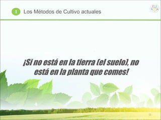 11
Los Métodos de Cultivo actuales
¡Si no está en la tierra (el suelo), no
está en la planta que comes!
1
 