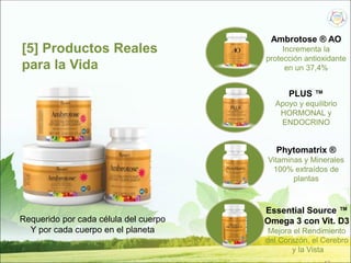 [5] Productos Reales
para la Vida
Requerido por cada célula del cuerpo
Y por cada cuerpo en el planeta
Ambrotose ® AO
Incrementa la
protección antioxidante
en un 37,4%
PLUS ™
Apoyo y equilibrio
HORMONAL y
ENDOCRINO
Phytomatrix ®
Vitaminas y Minerales
100% extraídos de
plantas
Essential Source ™
Omega 3 con Vit. D3
Mejora el Rendimiento
del Corazón, el Cerebro
y la Vista
 