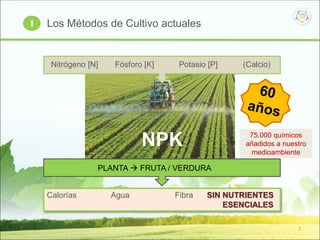7
Los Métodos de Cultivo actuales
Nitrógeno [N] Fósforo [K] Potasio [P] (Calcio)
Calorías Agua Fibra SIN NUTRIENTES
ESENCIALES
PLANTA  FRUTA / VERDURA
1
NPK 75.000 químicos
añadidos a nuestro
medioambiente
 