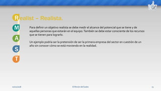 El Rincón del Sueko 13
ealist – Realista.
S
M Para definir un objetivo realista se debe medir el alcance del potencial que se tiene y de
aquellas personas que estarán en el equipo.También se debe estar consciente de los recursos
que se tienen para lograrlo.
Un ejemplo podría ser la pretensión de ser la primera empresa del sector en cuestión de un
año sin conocer cómo se está moviendo en la realidad.
R
T
A
02/11/2018
 