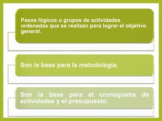 Pasos lógicos o grupos de actividades
ordenadas que se realizan para lograr el objetivo
general.
Son la base para la metodología.
Son la base para el cronograma de
actividades y el presupuesto.
 
