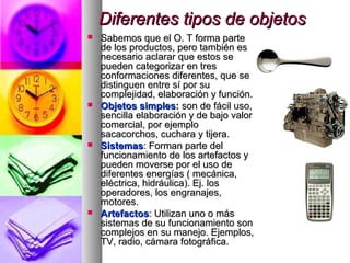Diferentes tipos de objetosDiferentes tipos de objetos
 Sabemos que el O. T forma parteSabemos que el O. T forma parte
de los productos, pero también esde los productos, pero también es
necesario aclarar que estos senecesario aclarar que estos se
pueden categorizar en trespueden categorizar en tres
conformaciones diferentes, que seconformaciones diferentes, que se
distinguen entre sí por sudistinguen entre sí por su
complejidad, elaboración y función.complejidad, elaboración y función.
 Objetos simplesObjetos simples:: son de fácil uso,son de fácil uso,
sencilla elaboración y de bajo valorsencilla elaboración y de bajo valor
comercial, por ejemplocomercial, por ejemplo
sacacorchos, cuchara y tijera.sacacorchos, cuchara y tijera.
 SistemasSistemas: Forman parte del: Forman parte del
funcionamiento de los artefactos yfuncionamiento de los artefactos y
pueden moverse por el uso depueden moverse por el uso de
diferentes energías ( mecánica,diferentes energías ( mecánica,
eléctrica, hidráulica). Ej. loseléctrica, hidráulica). Ej. los
operadores, los engranajes,operadores, los engranajes,
motores.motores.
 ArtefactosArtefactos: Utilizan uno o más: Utilizan uno o más
sistemas de su funcionamiento sonsistemas de su funcionamiento son
complejos en su manejo. Ejemplos,complejos en su manejo. Ejemplos,
TV, radio, cámara fotográfica.TV, radio, cámara fotográfica.
 
